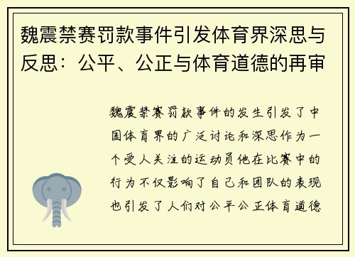 魏震禁赛罚款事件引发体育界深思与反思：公平、公正与体育道德的再审视