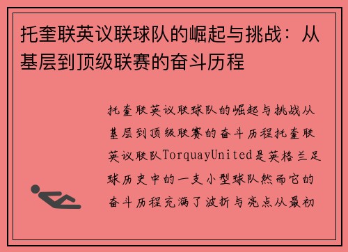 托奎联英议联球队的崛起与挑战：从基层到顶级联赛的奋斗历程