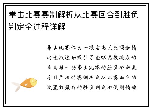 拳击比赛赛制解析从比赛回合到胜负判定全过程详解