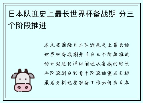日本队迎史上最长世界杯备战期 分三个阶段推进
